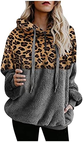 Tantisy Mulheres Popular Leopard Patchwork Capuz do moletom de manga comprida camisa de pulôver quente Blusa de treino de inverno