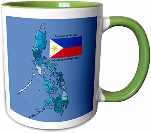 Bandeira 3drose e mapa da República das Filipinas com todas as regiões coloridas e rotuladas - caneca vermelha de dois tons, 11oz