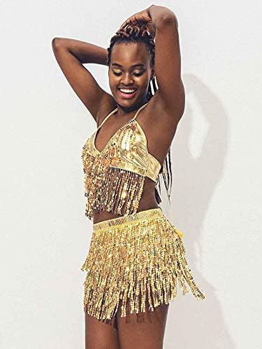 Saia de dança da barriga de Kakaco com lantejoulas de lantejoulas de colheita Fringe Selt Sett Rave Dance Bra Top Festas Costums para mulheres e meninas