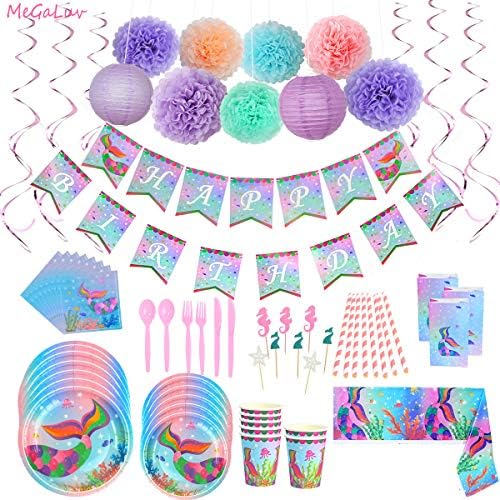 Mermaid Birthday Party Supplies and Decoration Kit Paper Placas, guardanapos, xícaras sem BPA, toalhas de mesa, faixas