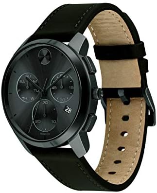 Relógio de quartzo suíço de aço inoxidável de aço inoxidável do Movado MOVADO com cinta de couro, preto