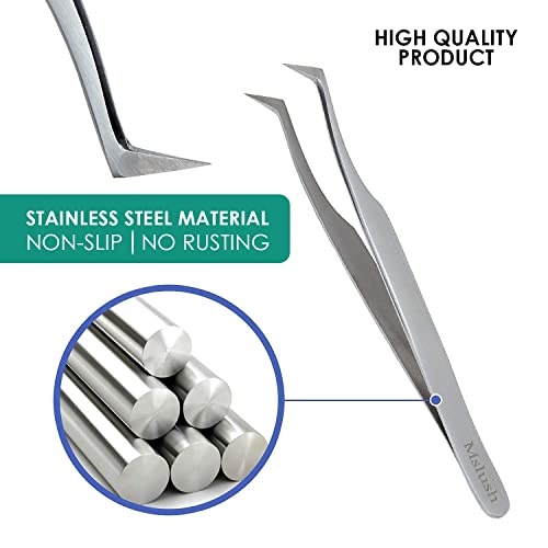 Tweezers de extensão de cílios de cílios de volume, precisão de aço inoxidável premium mega l ponta angular curva, ferramenta profissional de cílios vem com bolsa de couro sintético