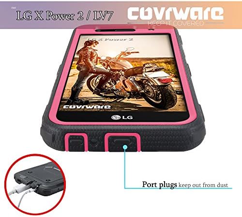 CovRare Iron Tank Case compatível com LG X Power 2 / Fiesta 2 / X Carga / Fiesta LTE / K10 Power com protetor de tela embutido Armadura de corpo de corpo inteiro Corrente de textura de metal escovada, rosa