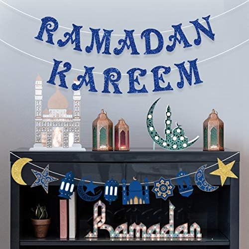 Ramadã Kareem Banner - Ramadã Kareem decoração, estrela e lua Garland Blue Ramadan Party Supplies Hajj Eid Mubarak Partido