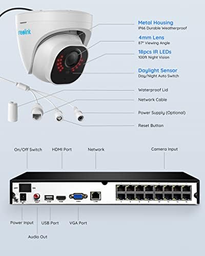 Reolink 4K Pacote comercial de câmera de segurança de negócios Poço, 16 canal 16 Câmera IP 8MP Pessoa ao ar livre/veículo Detecção,