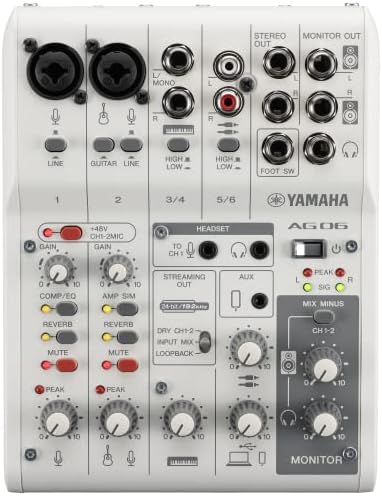 Yamaha AG06MK2 White de 6 canais de transmissão ao vivo Mixer/USB Interface com Steinberg Software Suite