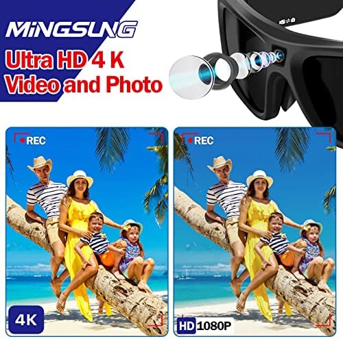 Mingsung MS25 4K Câmera Vídeo SUNGLESS, Vídeo e foto em 4K, câmera de ação esportiva fácil de usar para ciclismo, esqui, motocicleta, pesca, viagem