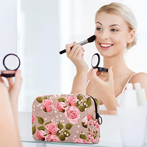 Bolsa de maquiagem de Bolsa de Maquiagem de Flores de Rosas Rosa Bolsa de Zíper, Bolsa Cosmética de Viagem Bonga para Mulheres