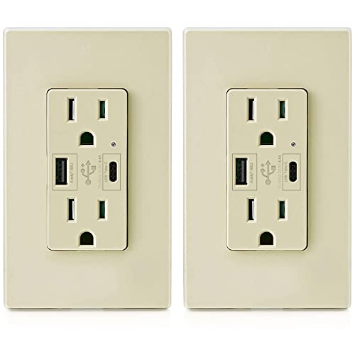 Micmi USB C Outlet Parede dupla Receptáculo de alta velocidade 15 amp, Smart 4.8A Capacidades de carregamento rápido, placa de parede resistente a adulteração incluída UL listada não para laptops