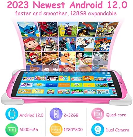 Tablet infantil de 10,1 polegadas para crianças, 2+32 GB 1280x800 HD IPS Screen, Controle parental Android 12 comprimido, Conteúdo da criança pré-instalado, Google Store, YouTube Kids Netflix Disney+, com suporte, rosa