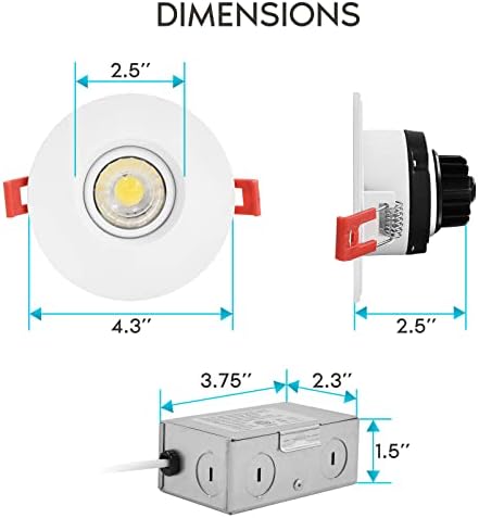 LUXRITE LED ajustável de 3 polegadas Gimbal LED embutida com J-box, 8w, 5 cores selecionáveis ​​2700k-5000k, 600 lúmens, led de