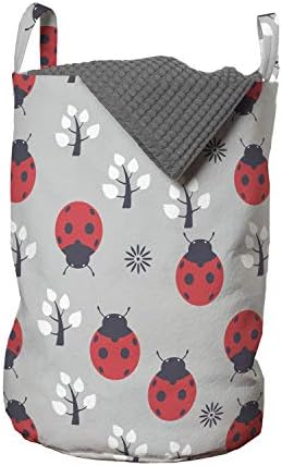 Ladybugs Laundry Bag, natureza com insetos abstratos, árvores e flores, desenho animado, cesto de cesto com alças fechamento de cordão para lavanderias, 13 x 19, cinza coral escuro preto