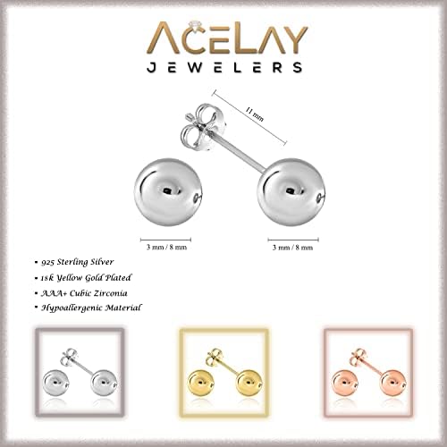 18K Brincos de bola de prata de prata esterlina de 18k 3mm -8mm, brindes hipoalergênicos para mulheres e meninas - por Acelay