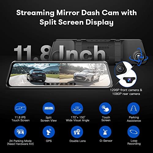 Câmera de backup de câmera de traço -espelho de 12 Azdome, espelho retrovisor de 1080p Full HD Smart Reliew para carros e caminhões, câmeras duplas da frente e traseira da frente e traseira de 1080p, visão noturna, assistência de estacionamento, cartão gratuito de 64 GB e GPS