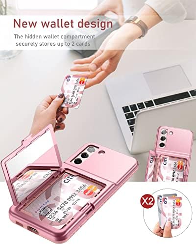 Caixa de carteira de caixa de gelovecase Samsung Galaxy S22 Plus com titular de cartão de crédito e espelho escondido, cobertura de telefone à prova de choque de proteção geral projetada para Samsung Galaxy S22 +, 6,55 polegadas de ouro rosa