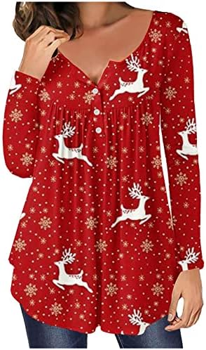 Camisa Henry de manga longa Gatxvg para feminino V Botão de pescoço Túnica top top casual blusa solteira camisetas de pulôver de férias de Natal