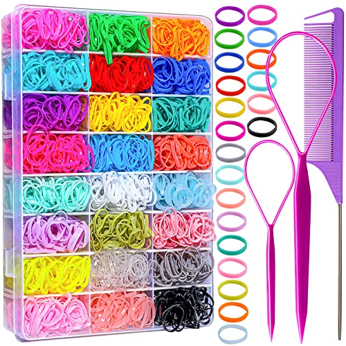 Elastic Hair Bands 24 cores, YGDZ 1500 PCS mini elásticos de borracha de cabelo com caixa de organizador, laços macios de cabelos meninas, elásticos coloridos de borracha de bebê com ferramentas de cauda de cabelo, pente de rato para crianças pequenas