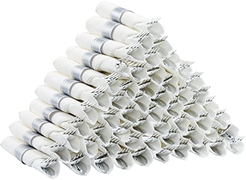 Isfangco 50 pacote de talheres de plástico prateado pré-enrolado, conjunto de talheres de plástico embrulhado com 50 garfos,