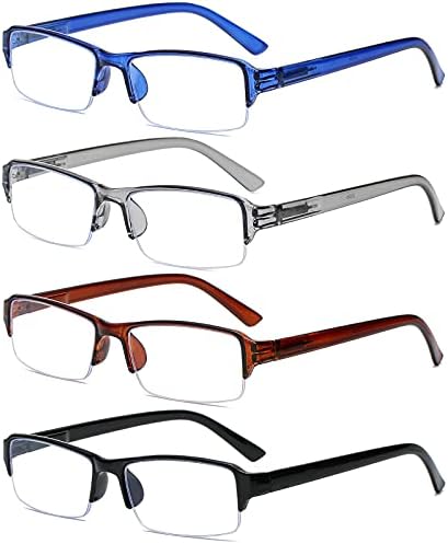 OWTXIS 4 Pacote de óculos de leitura de meio aro leves, moda anti-Blue Light Spring Feld Leitors For Mull Men +1,00