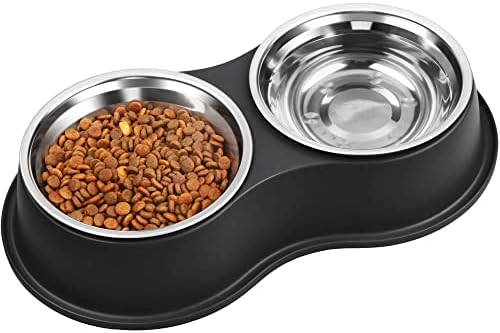 Hikeout Dog Bowl Double Dog Cat Bowl Premium aço inoxidável e alimentos tigelas levantadas, tigelas de alimentação de animais de estimação com estação de resina não deslizante para cães médios pequenos gatos （preto）