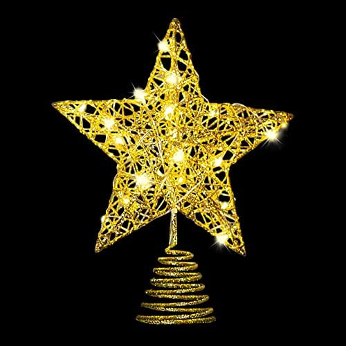 Joiedomi Christmas Tree Toppers, Glitter Gold Star Tree Topper iluminado com 20 luzes LED para decorações de árvores de Natal,
