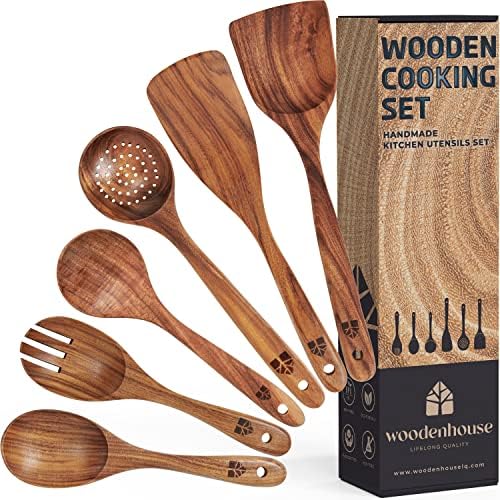 Colheres de madeira para cozinhar utensílios de utensílios de cozinha de madeira, 6 PCs Conjunto de utensílios de madeira de teca -