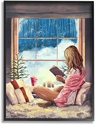 Stuell Industries Girl Reading por Snowy Window Winter Holiday, Design de Ziwei Li Canvas Wall Art, 16 x 20, multicoloria