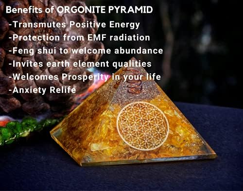 Conjunto de pirâmide do gerador de energia da pirâmide de orgonita inclui cristal de pirâmide orgona citrina para chakra e colar