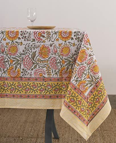 Capa de toalha de mesa francesa Labhanshi, toalha de mesa impressa em bloco, linho de mesa indiano, toalha de mesa de jantar floral, decoração elegante, toalha de retângulo de 72x135 polegadas