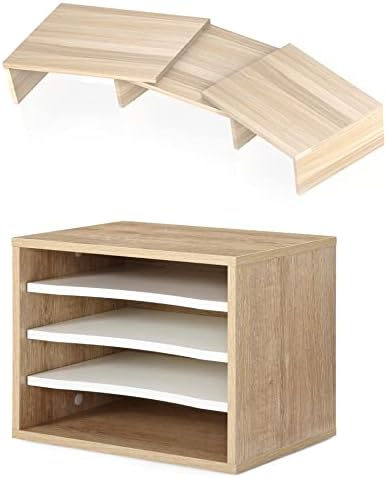 Stand Fitueyes Dual Monitor e organizador de classificador de papel de mesa de 4 camadas, madeira clara