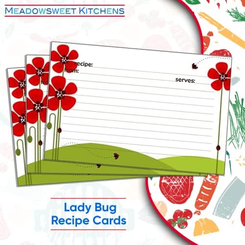 Conjunto de cartões de receita de cozinhas meadowsweet - 25 cartões de receita de dupla face 4 x 6 polegadas, cartões em branco de tamanho perfeito para uma caixa de cartão de receita, faça seu próprio livro de receitas personalizado - joaninha