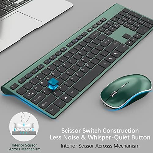 Combo do mouse de teclado sem fio, J Joyaccess 2.4g Recarregável Taxcário de tamanho completo Ultra Slim e mouse silencioso ergonômico para laptop, janelas, PC-EMERALD GREEN