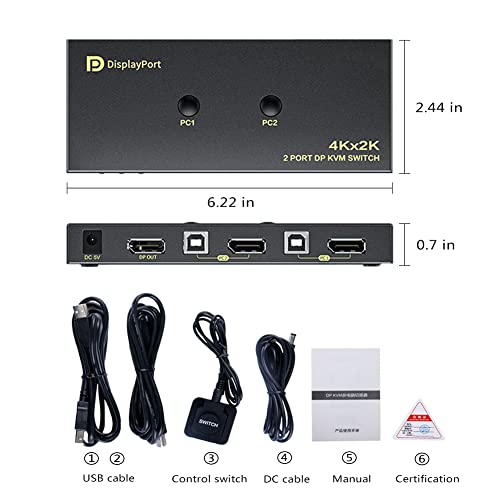 DisplayPort KVM Switch 2 Porta, KVM Switch DisplayPort para 2 computadores compartilhando 1 monitor, suporte 4k@60Hz, 2k@144Hz, com interruptor de controle estendido