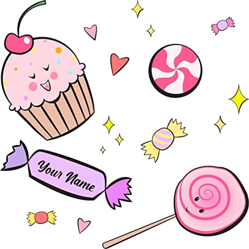 Cupcake sorridente de desenho animado, pirulito e candys no nome da bebê adesivos de parede personalizados ou decoração de laptop -