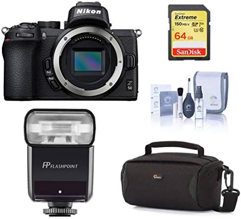 Nikon Z 50 DX Formato Mirrorless Mirrorless Camera apenas pacote flash com flashpoint ttl flash, caixa, cartão SD de 64 GB, kit de limpeza