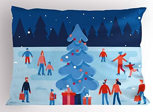 Ambesonne Ice Patins Pillow Sham, Winter Christmas Tree People Happy e Snowy Weather Cartoon Scene, travesseiro impresso de tamanho padrão decorativo, 26 x 20, multicolor azul pálido