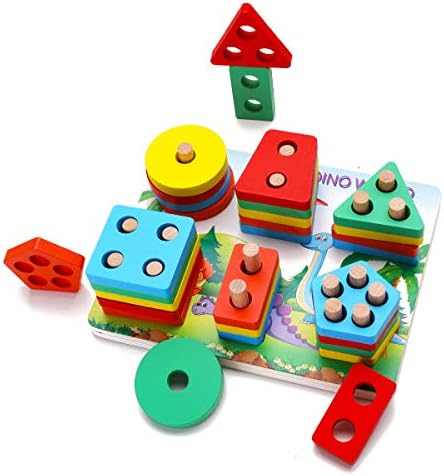Toys de criança pré-escolar de madeira para crianças em pré-escolares para 3 4 anos de idade meninos de 5 anos Meninas moldam o reconhecimento de cor geométricas blocos de tábua de pilha de pilha de quebra