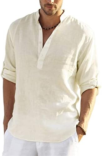 Camisa de linho de algodão masculino Henley Slave de manga comprida Button Down Beach ioga camisas de verão Blusa de colar de colorido sólida