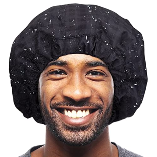 Touca de chuveiro para homens touca de banho preto, tampas de chuveiro ajustáveis ​​reversíveis e impermeabilizadas Terry Terry e elástico