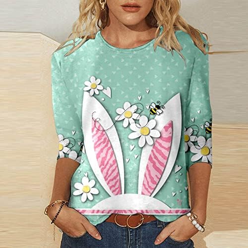 Camisetas de páscoa feminina superior 3/4 manga de manga Camisetas de pescoço de pescoço solto camisetas casuais coelhos de coelho Pullover de blusa impressa