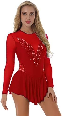 Vxuxlje feminina brilhante shiny shingone vestido de skate Mesh Mesh Splice Dress Dance Costume