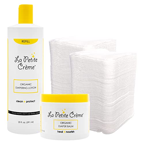 La Petite Creme Baby Shower Value Pack - Loção de fraldas orgânicas francesas, bálsamo de fralda orgânica francesa e 100 almofadas de algodão descartáveis ​​- itens essenciais para recém -nascidos