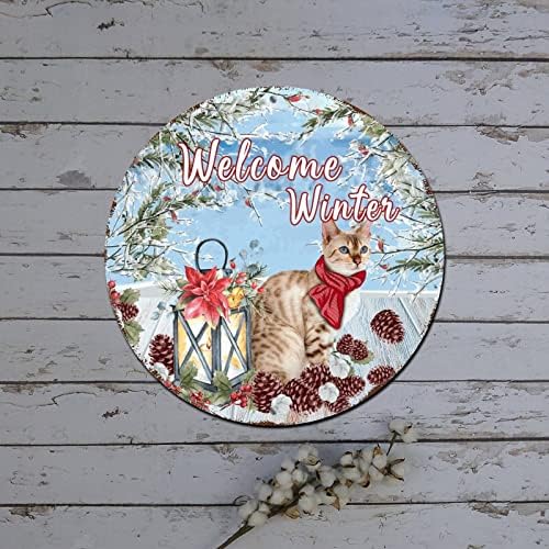 Red Wreatch Wreath Welcome Welcome Cat Papai Noel Hat poinsettia redonda Metal Tin Sign