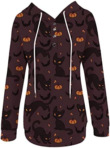 Moletons do moletom feminino Halloween Spooky Priok Tops com capuz casual Manga longa Metade de botão para baixo com bolsos