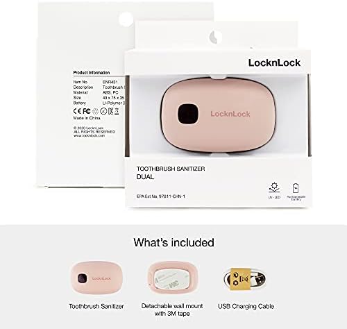 Locknlock Sinitalizador/tampa da escova de dentes UV para casa/viagem, bateria recarregável USB, dual, rosa