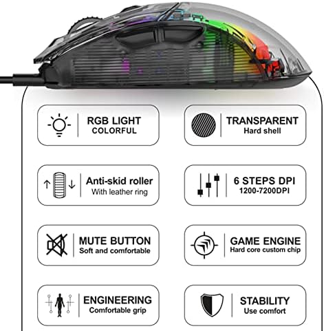 HXMJ Wired USB Gaming REDS com casca de cristal transparente, clique silencioso, retroiluminado RGB, 7200 dpi-preto