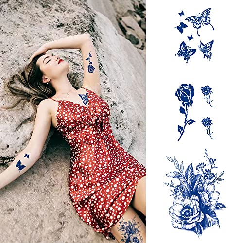 Padoun Tattoos temporários de flores realistas-12 folhas de tatuagens semi-permanentes de longa duração com designs de peônia, borboleta e florais, adequados para mulheres e crianças