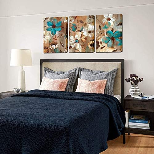 Biuteawal - pintura de flores abstrata na arte da parede de parede azul branco impressão floral impressão contemporânea decorativa arte emoldurada pronta para pendurar para casa na cozinha decoração da sala de estar da cozinha