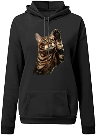 Camisa com capuz de estampa de gato 3D para mulheres fofas fof -out kitty espionando gato gráfico tee retrô casual moletom de