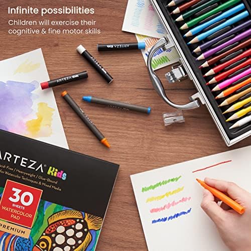 Kit de pintura e desenho para crianças Arteza, pacote de artistas de 75 peças-18 mini lápis de cor, 16 bolos aquarela,